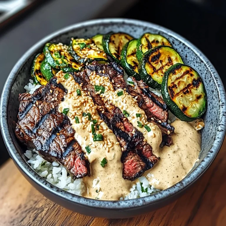 Grilled Steak Bowl With Creamy Sauce & Grilled Zucchini