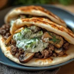 Cheesy Beef and Mushroom Pita Pockets with Tzatziki Sauce