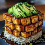 Crispy Teriyaki Tofu and Avocado Rice Stack