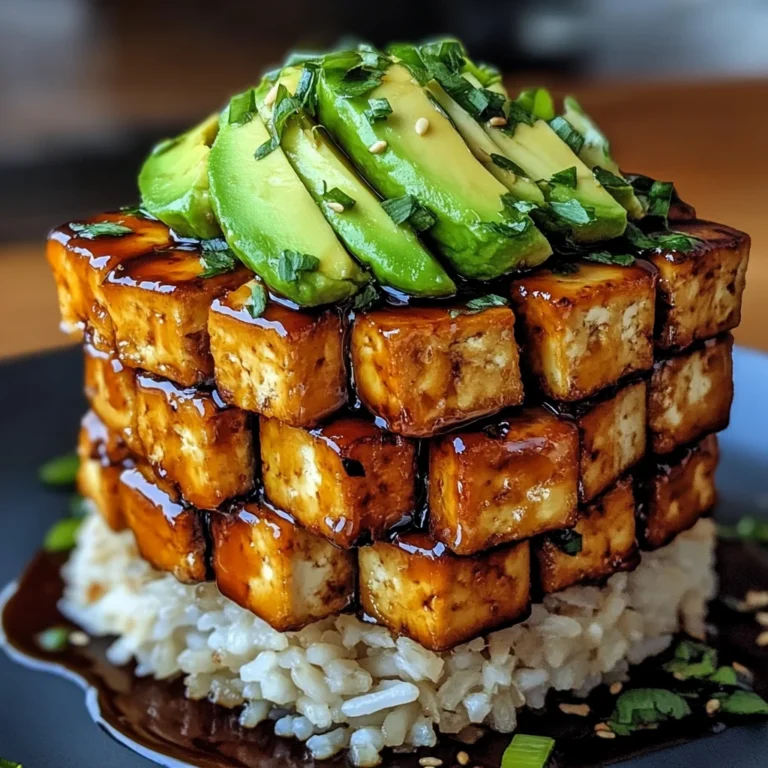 Crispy Teriyaki Tofu and Avocado Rice Stack
