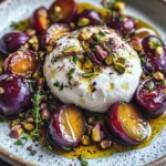 Burrata with Roasted Plums, Pistachios & Thyme