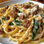 Garlic Butter Cheesy Linguine with Beef, Sausage and Spinach