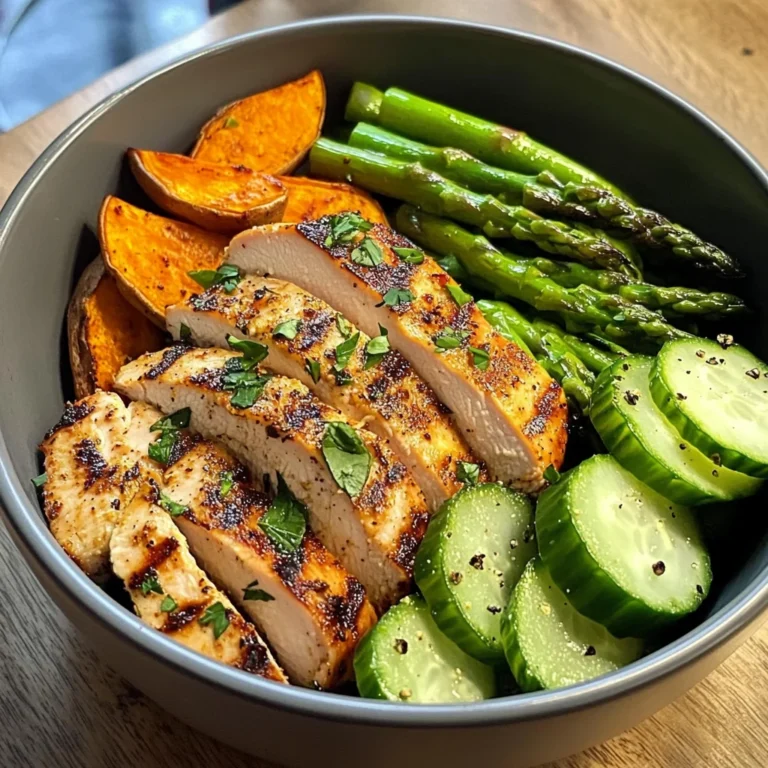 Grilled Chicken Bowl with Sweet Potato, Asparagus & Cucumber Medley