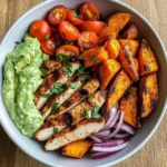 Grilled Chicken Power Bowl with Spiced Sweet Potato Wedges & Avocado Cream