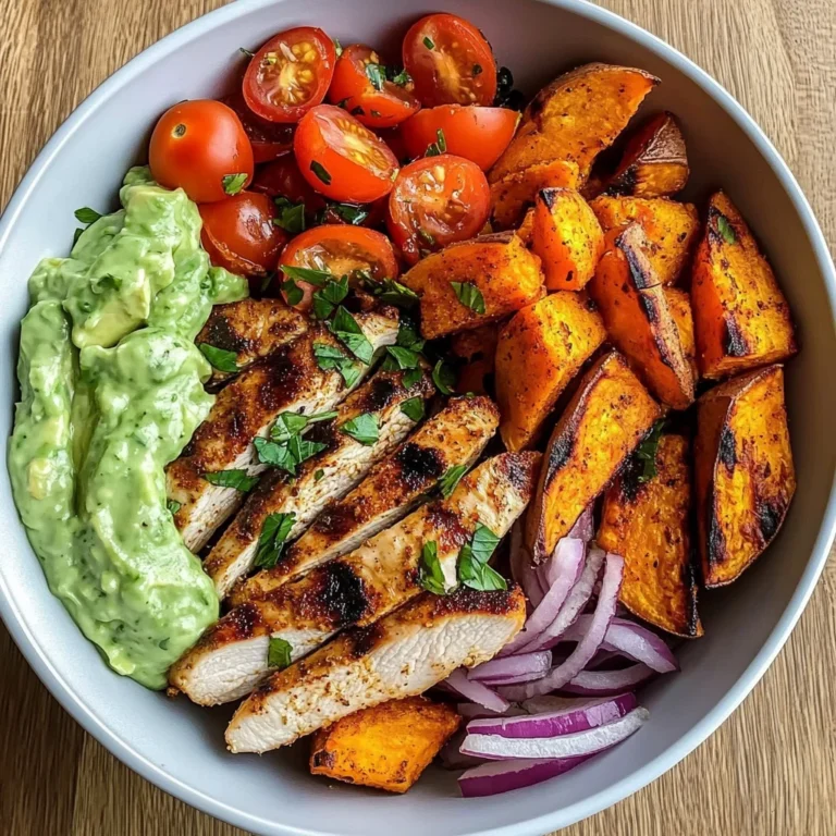 Grilled Chicken Power Bowl with Spiced Sweet Potato Wedges & Avocado Cream
