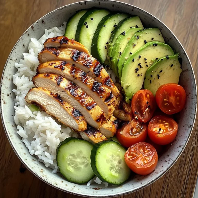 Grilled Chicken Rice Bowl with Avocado, Cucumber & Cherry Tomatoes