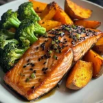 Sesame Glazed Salmon with Sweet Potato Wedges & Broccoli