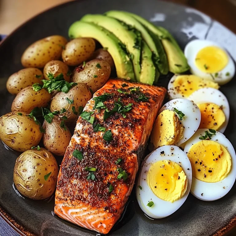 Spiced Salmon with Garlic Herb Potatoes, Avocado & Soft-Boiled Eggs
