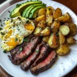 Steak, Cheesy Scrambled Eggs & Herb Potatoes